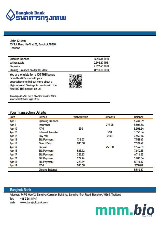 Szablon wyciągu z konta bankowego w Tajlandii w formacie Word i PDF